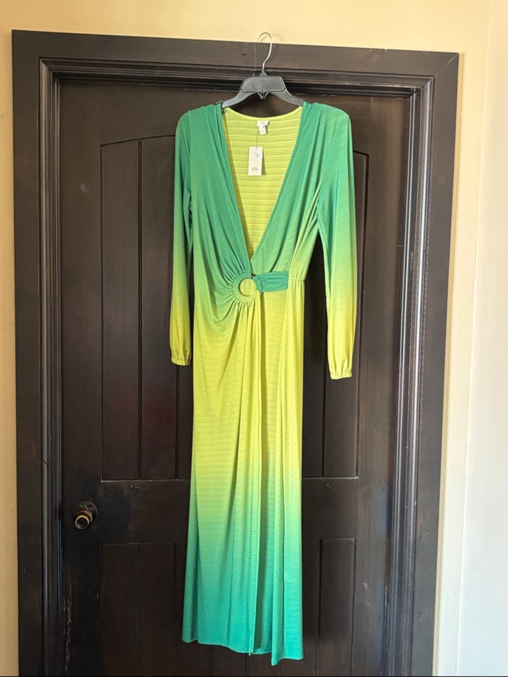 Women's Gradient Green Lime Long Sleeve Maxi Dress with Ring Detail